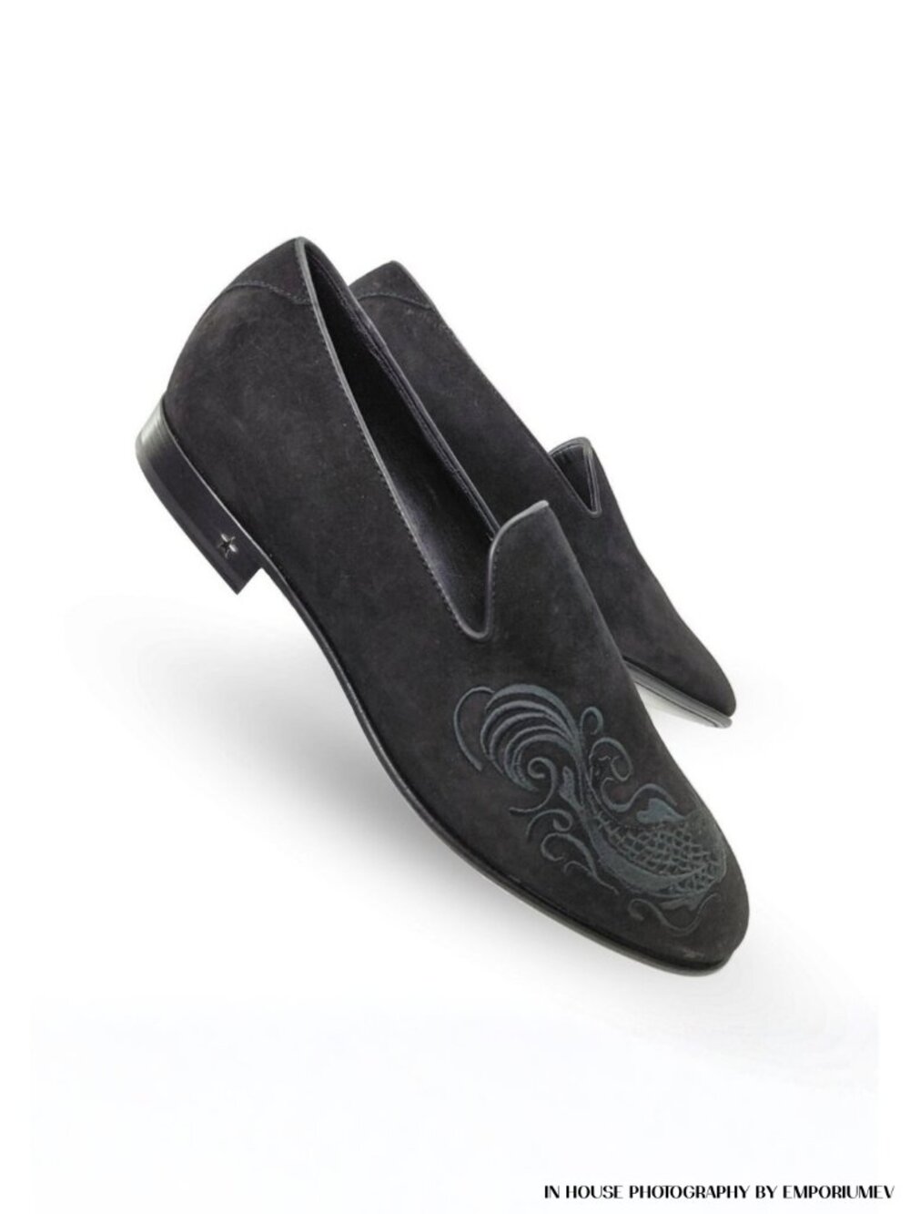 JIMMY CHOO Black Suede Embroidery Eagle Koi Loafers Size EU 44